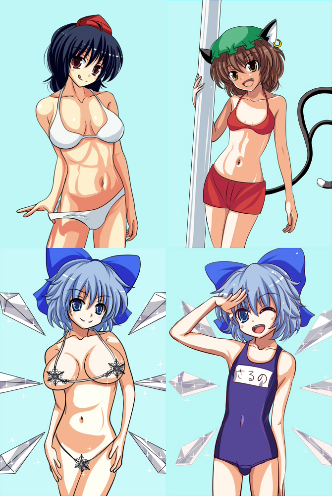 cirno, shameimaru aya, and chen (touhou) drawn by kurowana