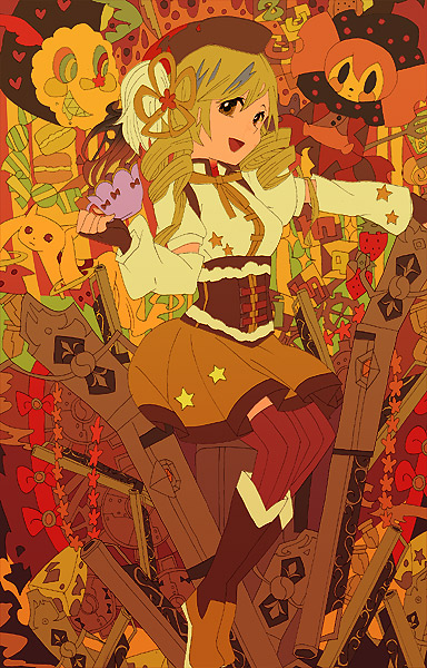 tomoe mami, kyubey, and charlotte (mahou shoujo madoka magica) drawn by akiyama