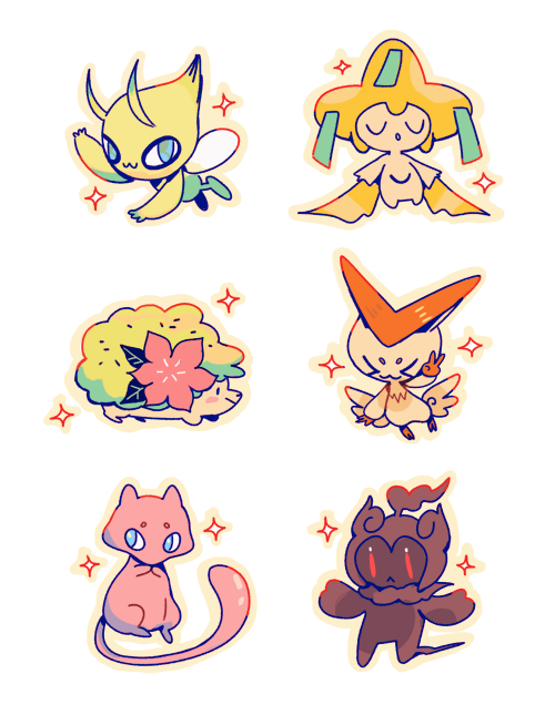 jirachi, mew, celebi, shaymin, victini, and 1 more (pokemon) drawn by spaded-square