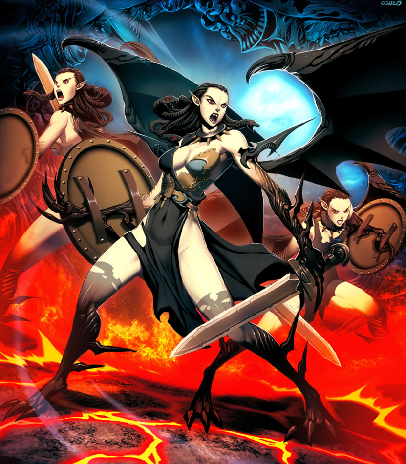 tisiphone, megaera, and alecto (greek mythology) drawn by genzoman