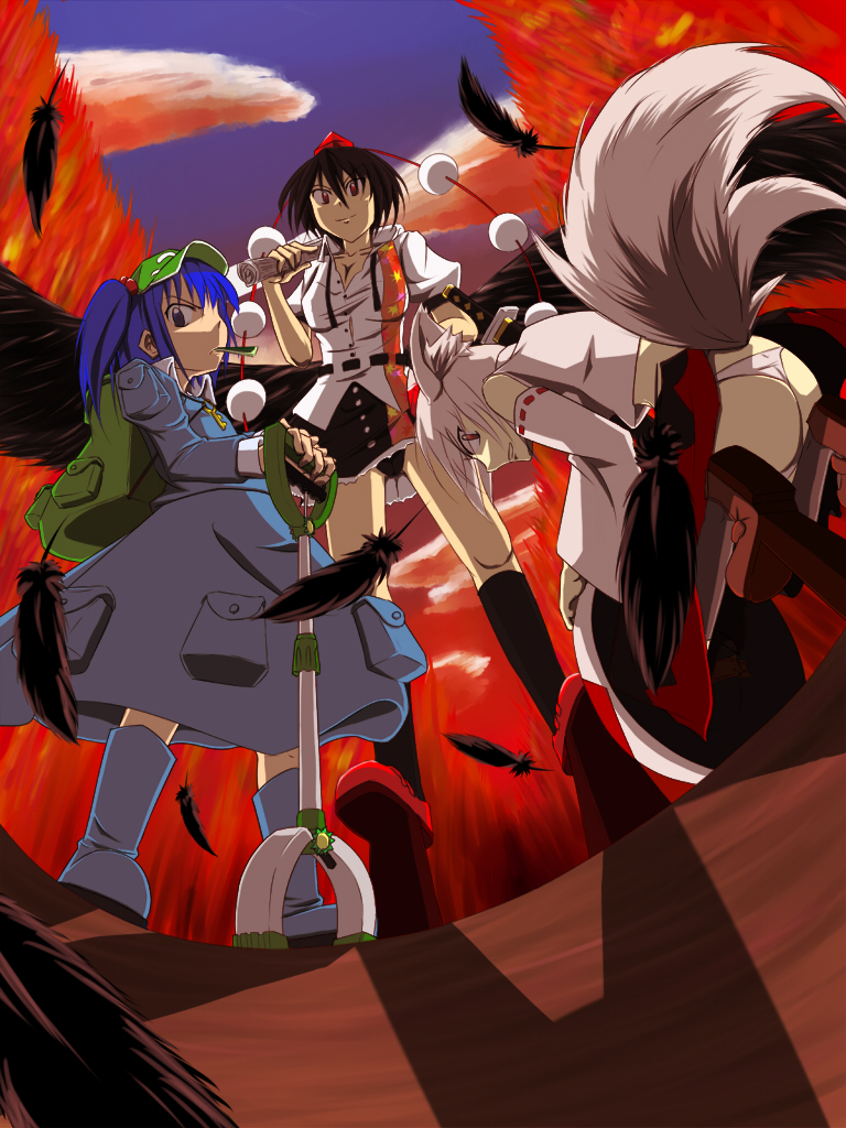 shameimaru aya, inubashiri momiji, and kawashiro nitori (touhou) drawn by hayashi_ekyuu