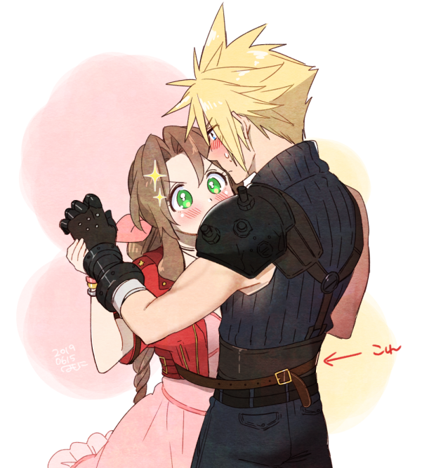 cloud strife and aerith gainsborough (final fantasy and 2 more) drawn by krudears