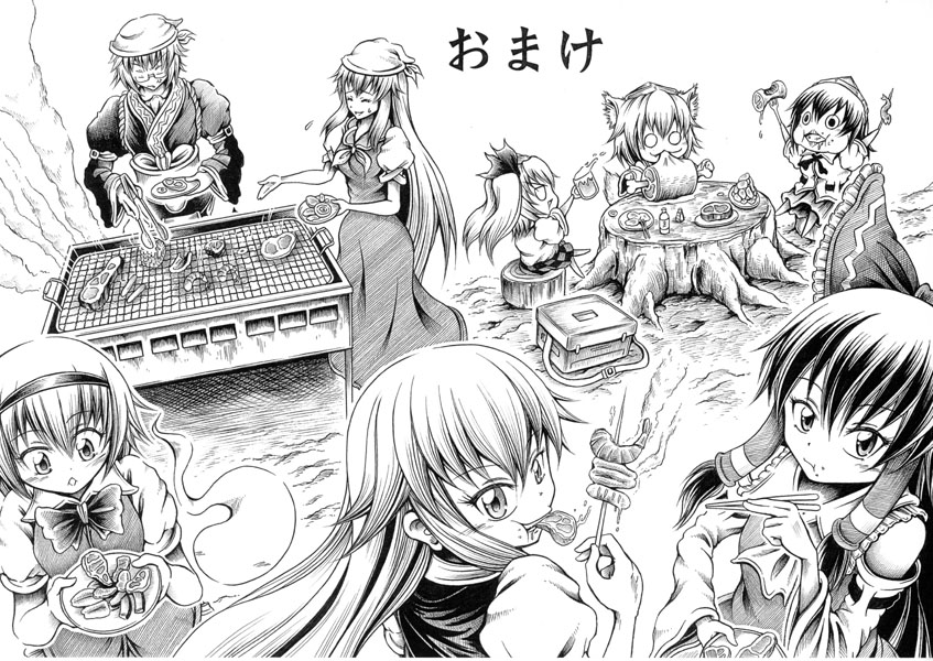 hakurei reimu, kirisame marisa, konpaku youmu, shameimaru aya, inubashiri momiji, and 3 more (touhou) drawn by hidefu_kitayan