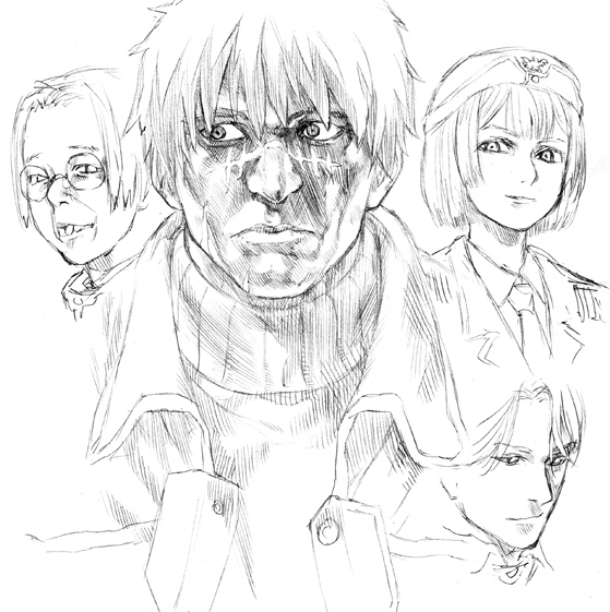 alice l. malvin, randal orlando, martis, and oreld (pumpkin scissors) drawn by asanagi