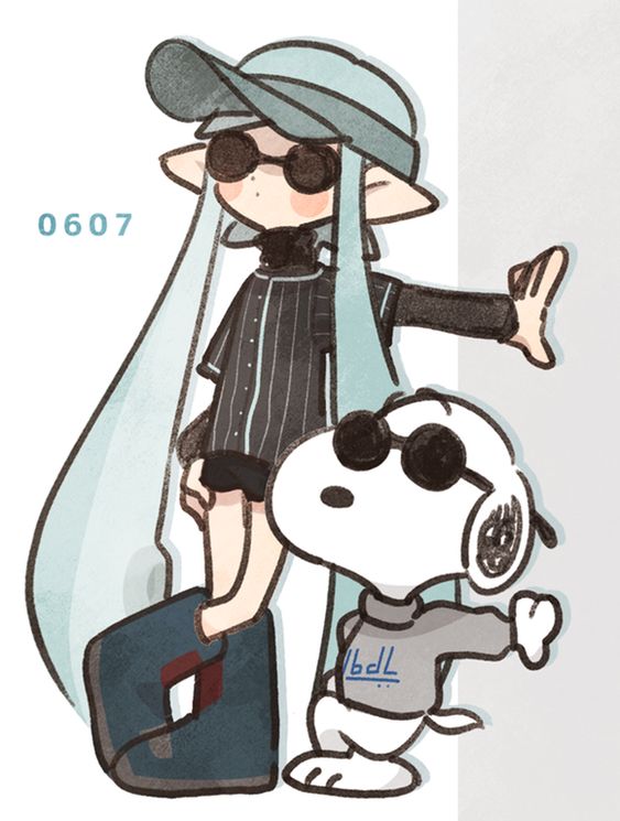 inkling player character, inkling girl, and snoopy (splatoon and 1 more) drawn by enola_(ebanataw)