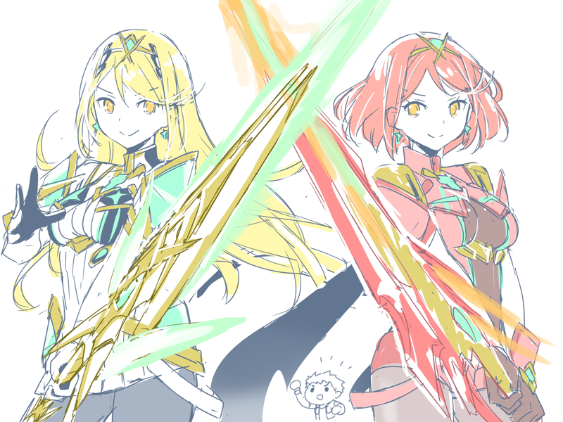 pyra, rex, and mythra (xenoblade chronicles and 2 more) drawn by mizuki_riko