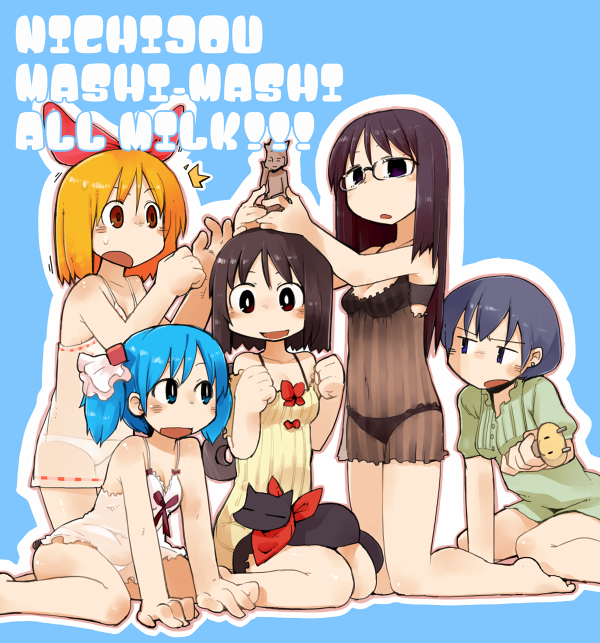 shinonome nano, naganohara mio, minakami mai, sakamoto, annaka haruna, and 1 more (nichijou) drawn by masha