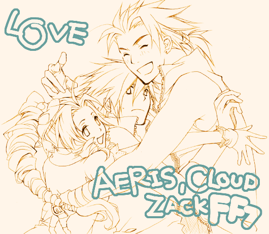 cloud strife, aerith gainsborough, and zack fair (final fantasy and 1 more) drawn by rendezvous