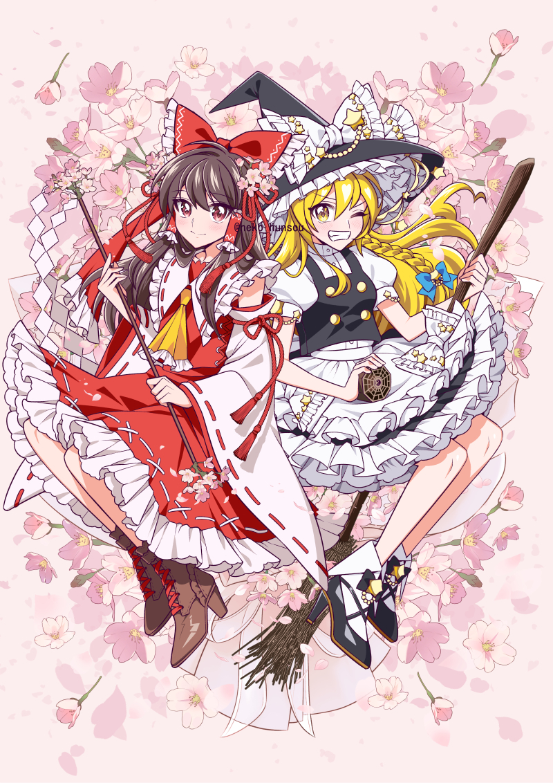 hakurei reimu and kirisame marisa (touhou) drawn by neko_hunsou
