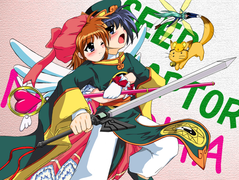 takamachi nanoha, kinomoto sakura, kero, li syaoran, lindy harlaown, and 3 more (lyrical nanoha and 5 more) drawn by ideaseed