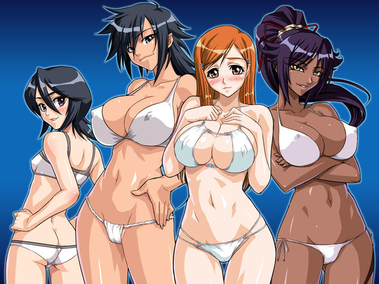 kuchiki rukia, shihouin yoruichi, inoue orihime, and shiba kuukaku (bleach) drawn by kagami_hirotaka