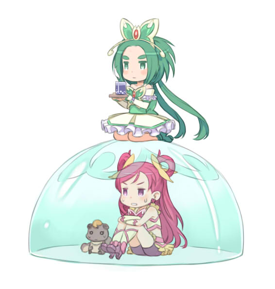 yumehara nozomi, cure dream, akimoto komachi, cure mint, and nuts (precure and 1 more) drawn by kuroboshi_kouhaku