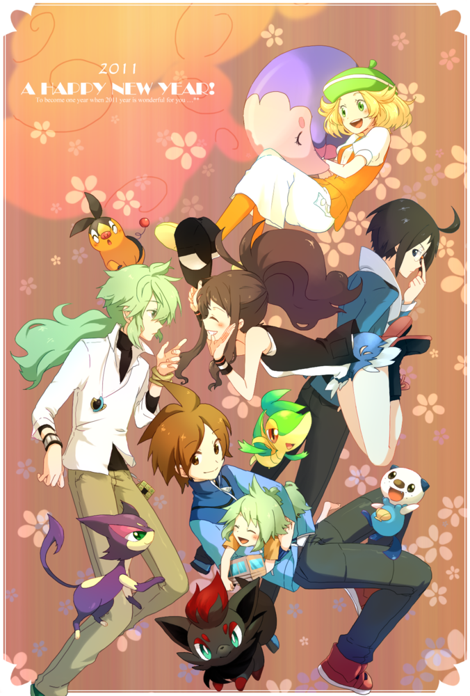 hilda, hilbert, n, oshawott, snivy, and 6 more (pokemon and 1 more) drawn by sekka_koyori