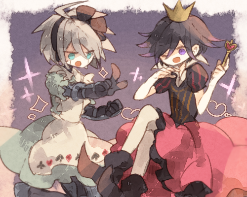 oma kokichi, alice, k1-b0, and queen of hearts (danganronpa and 2 more) drawn by toskogahazan