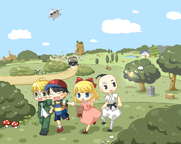 ness, paula, jeff andonuts, poo, ramblin' evil mushroom, and 2 more (mother and 1 more) drawn by hagino_chiyoko