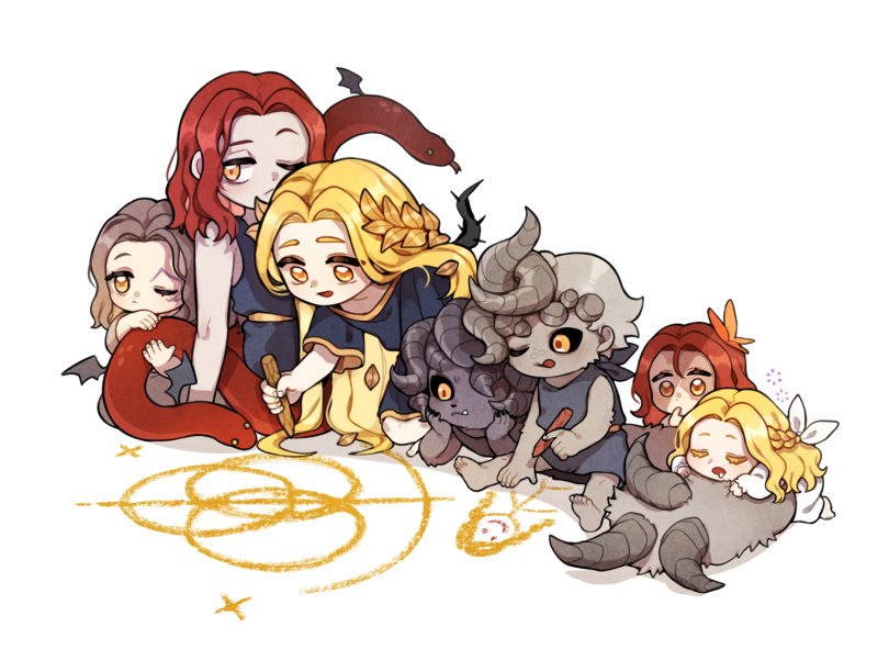 malenia blade of miquella, melina, miquella, messmer the impaler, mohg lord of blood, and 2 more (elden ring and 1 more) drawn by donar0217