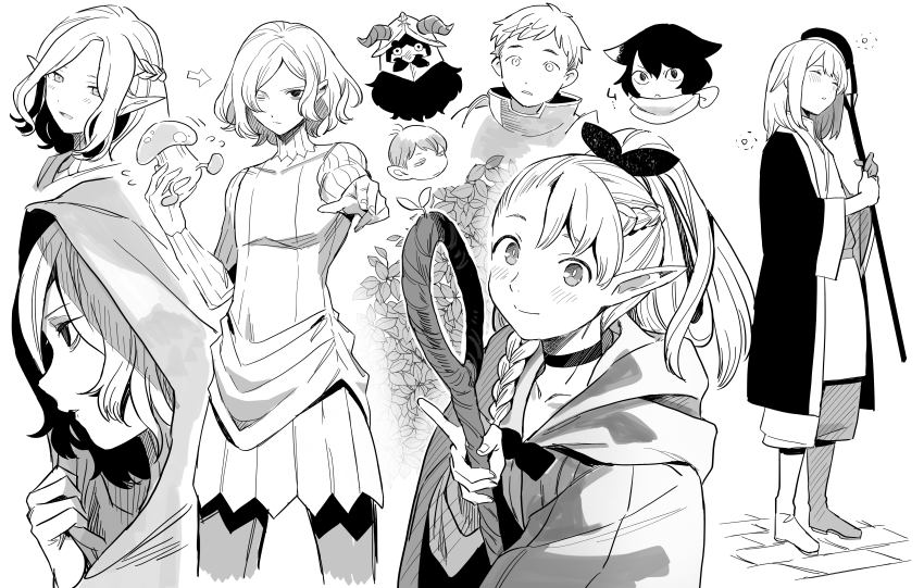 marcille donato, falin touden, laios touden, senshi, mithrun, and 3 more (dungeon meshi) drawn by hidakarumen