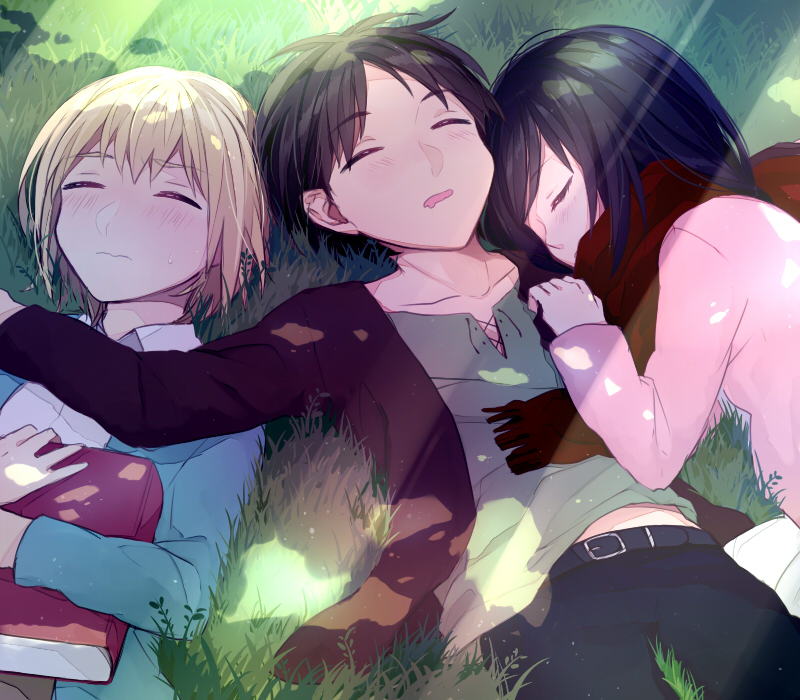 mikasa ackerman, eren yeager, and armin arlert (shingeki no kyojin) drawn by hoshiyui_tsukino