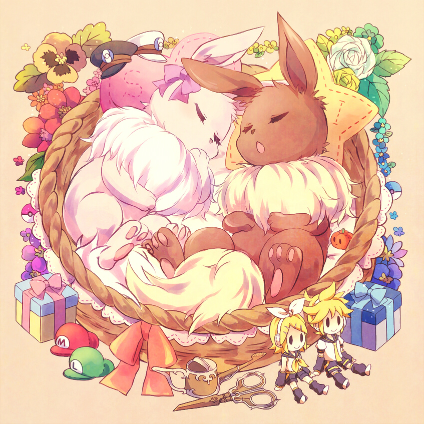 kagamine rin, kagamine len, and eevee (pokemon and 4 more) drawn by kabocha_torute