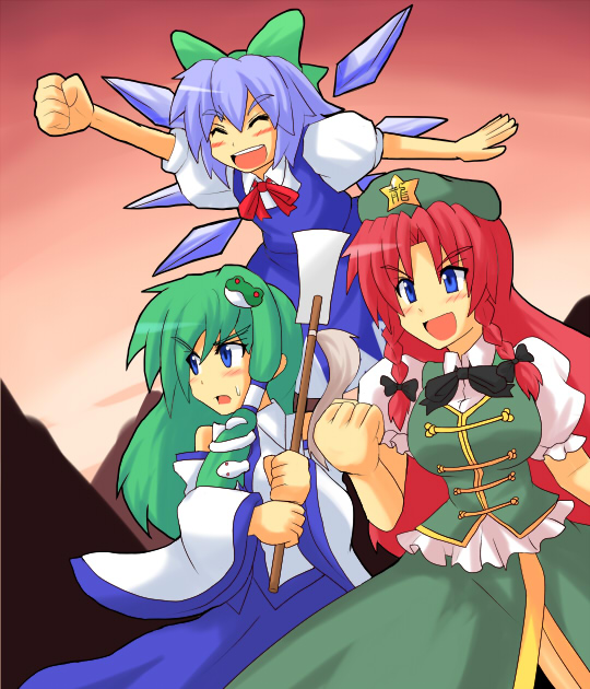 kochiya sanae, cirno, and hong meiling (touhou) drawn by harukatron
