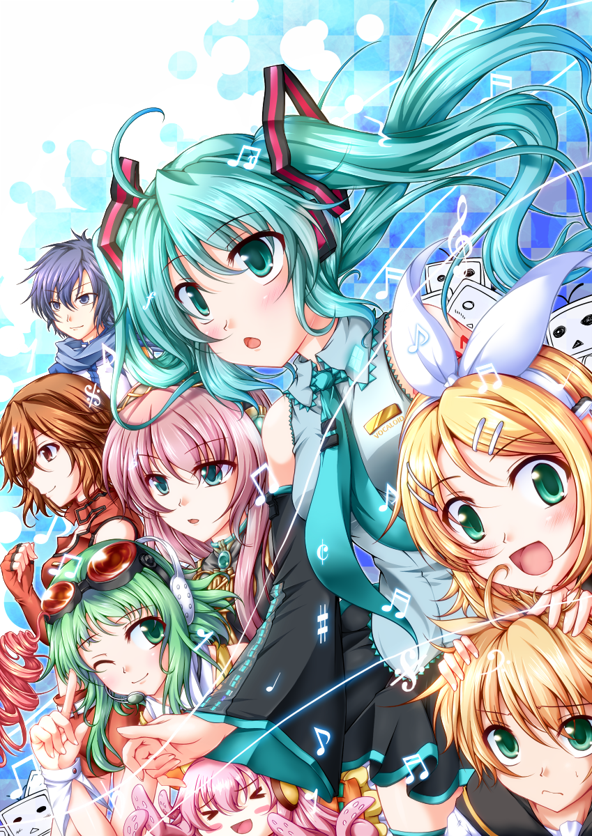 hatsune miku, kagamine rin, kagamine len, megurine luka, kaito, and 3 more (vocaloid and 1 more) drawn by maineko_ruru