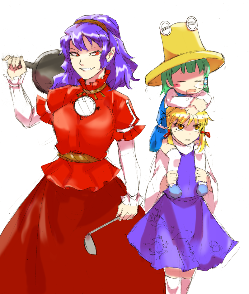 kochiya sanae, moriya suwako, and yasaka kanako (touhou) drawn by chamaruk