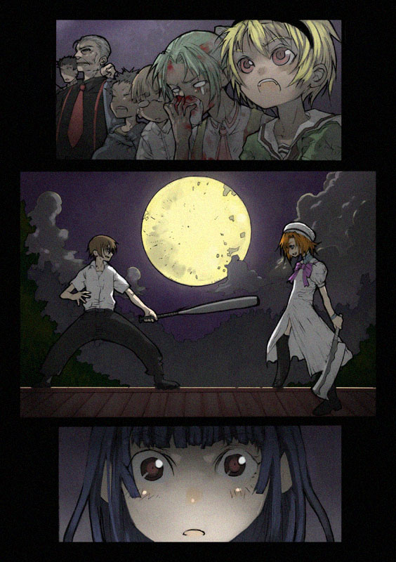 furude rika, ryuuguu rena, houjou satoko, sonozaki mion, maebara keiichi, and 1 more (higurashi no naku koro ni and 1 more) drawn by ginpatia