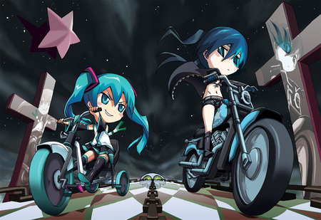 hatsune miku and black rock shooter (vocaloid and 1 more) drawn by chiita_(0420)