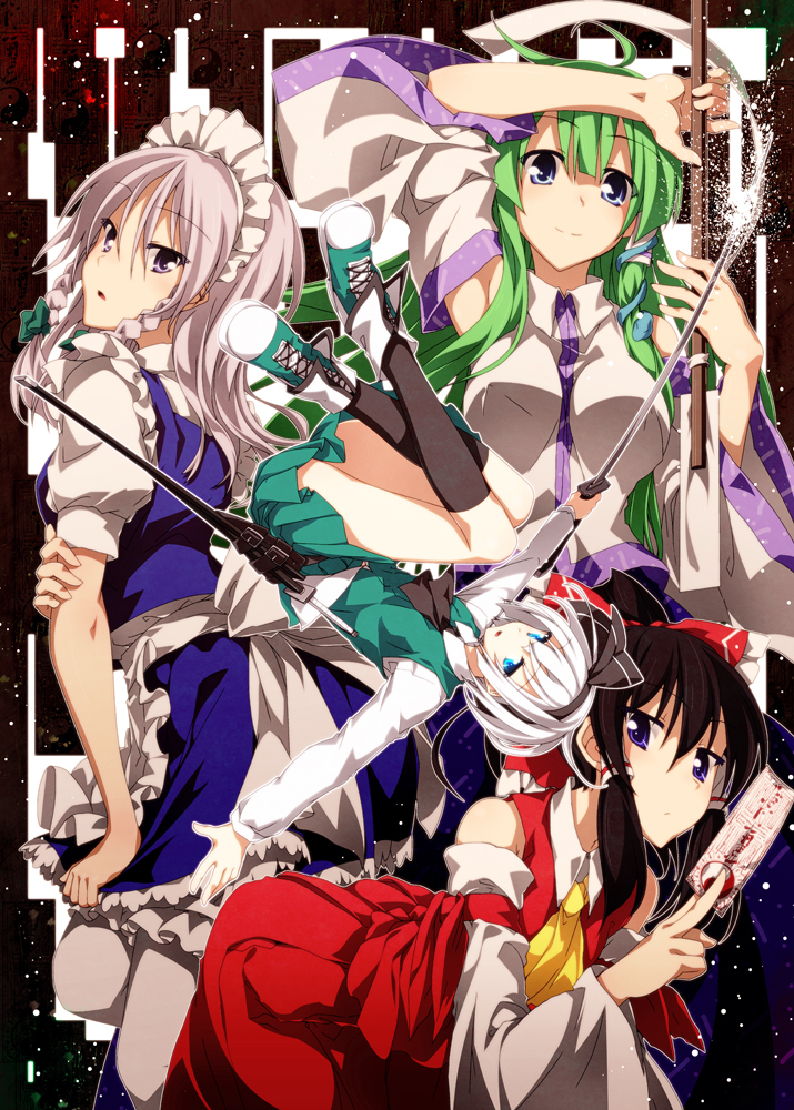 hakurei reimu, izayoi sakuya, kochiya sanae, and konpaku youmu (touhou) drawn by sazanami_mio