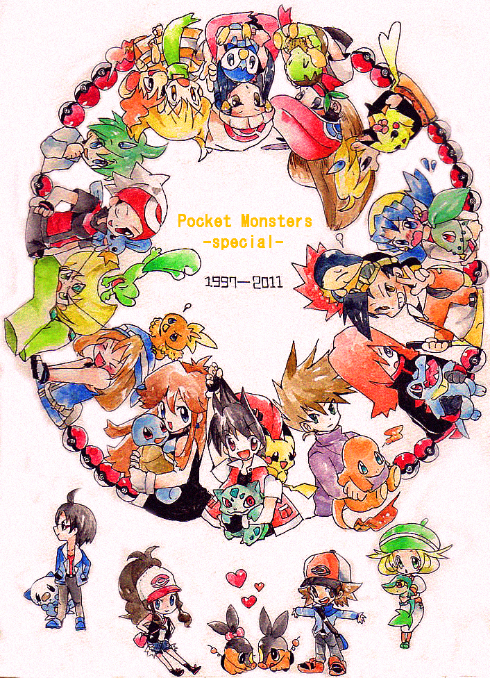 pikachu, dawn, may, hilda, red, and 28 more (pokemon and 2 more) drawn by midori_orange