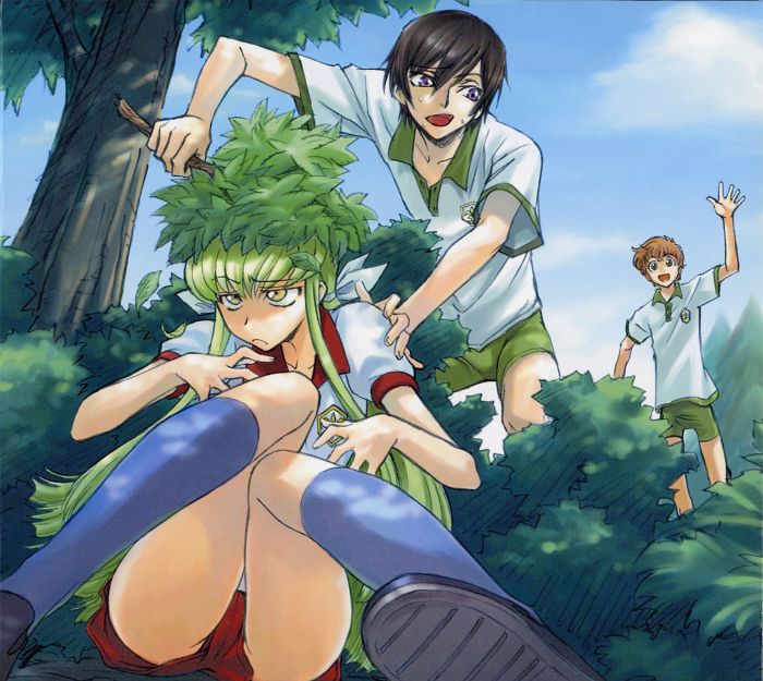 c.c., lelouch vi britannia, and kururugi suzaku (code geass) drawn by kimura_takahiro