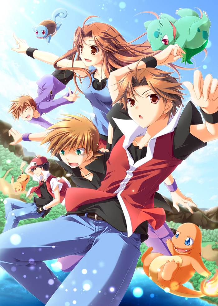 pikachu, red, blue oak, leaf, bulbasaur, and 2 more (pokemon and 2 more) drawn by mayokichi