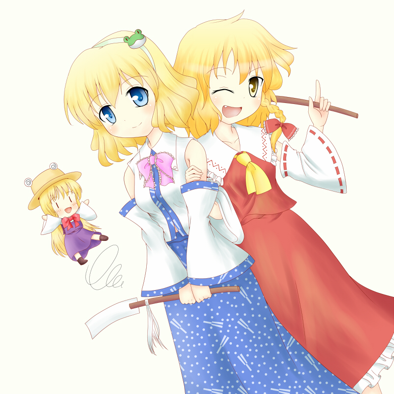 hakurei reimu, kirisame marisa, kochiya sanae, alice margatroid, moriya suwako, and 1 more (touhou) drawn by sugata_(suge-kry)