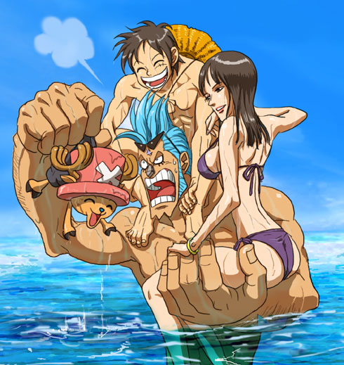 monkey d. luffy, nico robin, tony tony chopper, and franky (one piece) drawn by nika_(nikasa_an)