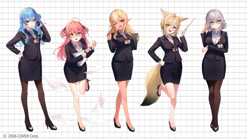 hoshimachi suisei, sakura miko, shirogane noel, shiranui flare, and omaru polka (hololive) drawn by chihiro_ayaka