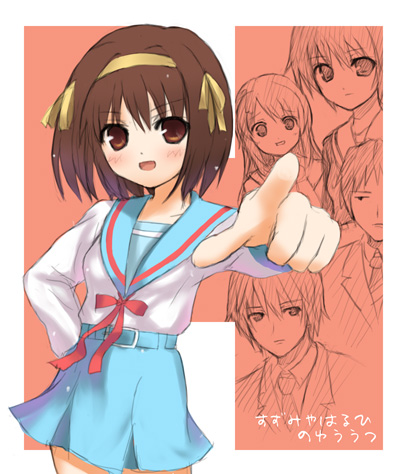 suzumiya haruhi, nagato yuki, asahina mikuru, kyon, and koizumi itsuki (suzumiya haruhi no yuuutsu) drawn by koyama_tomosato