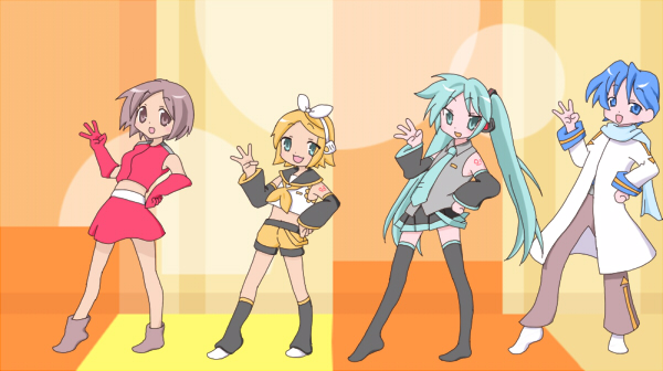 hatsune miku, kagamine rin, kaito, and meiko (vocaloid and 1 more) drawn by iyukickss