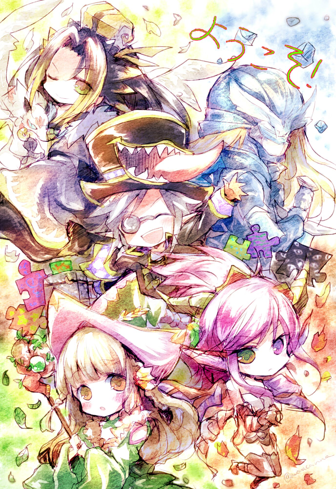 sonia, zhuge liang, leeza, chester, and water dragon swordsman (puzzle & dragons) drawn by monakan'nyan