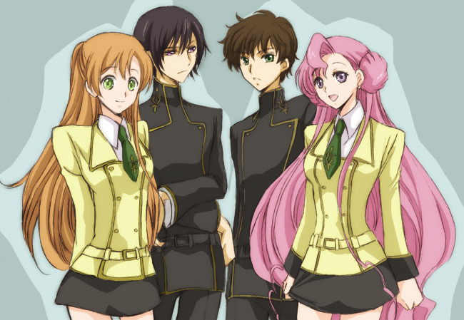 lelouch vi britannia, kururugi suzaku, euphemia li britannia, and shirley fenette (code geass) drawn by akina_tsukako
