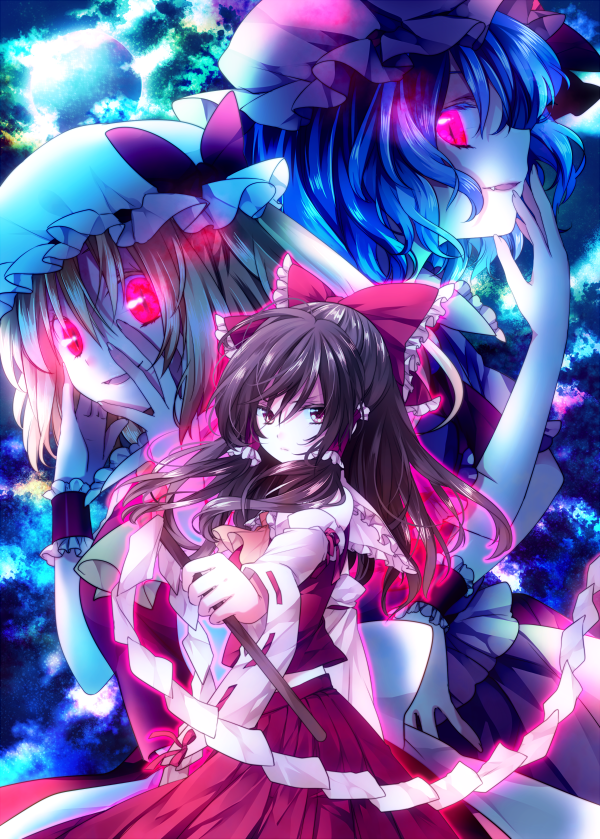 hakurei reimu, remilia scarlet, and flandre scarlet (touhou) drawn by riichu