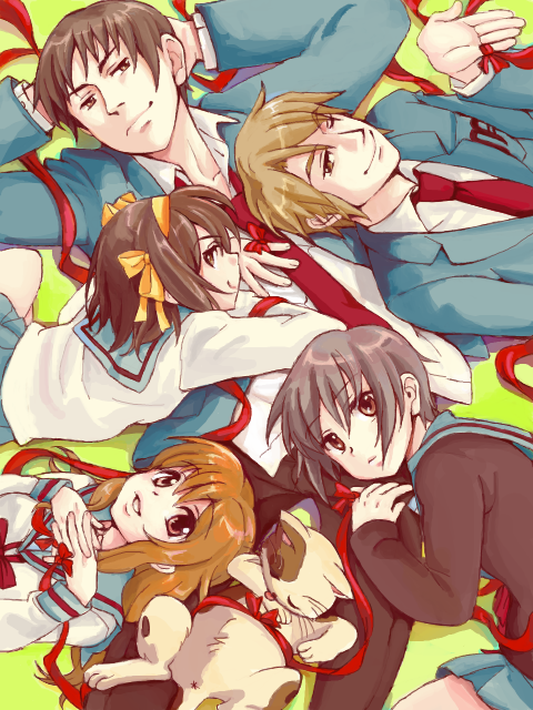 suzumiya haruhi, nagato yuki, asahina mikuru, kyon, koizumi itsuki, and 1 more (suzumiya haruhi no yuuutsu) drawn by cika