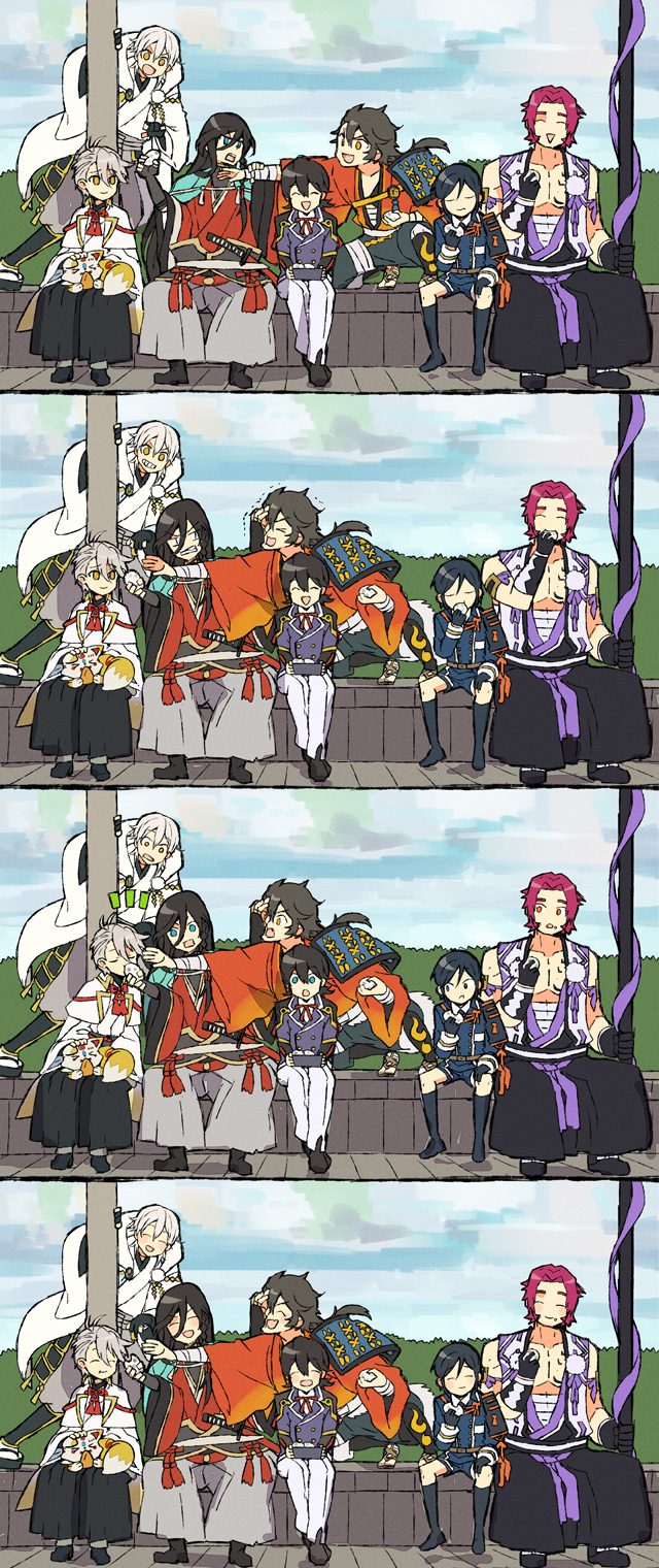 tsurumaru kuninaga, izumi-no-kami kanesada, horikawa kunihiro, yagen toushirou, tonbokiri, and 3 more (touken ranbu and 1 more) drawn by houhou_(black_lack)