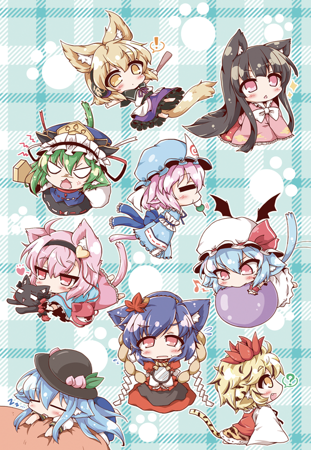 remilia scarlet, komeiji satori, saigyouji yuyuko, kaenbyou rin, hinanawi tenshi, and 4 more (touhou) drawn by neko_yume