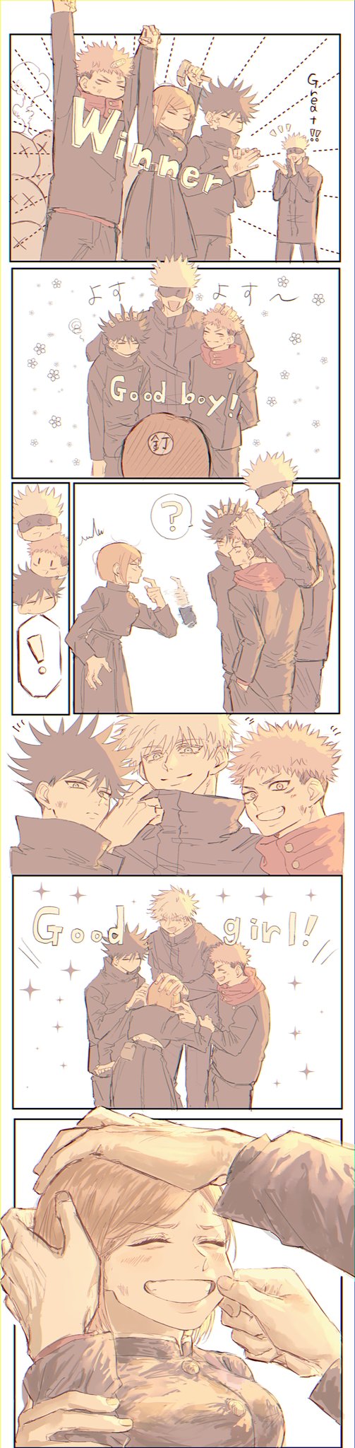 gojou satoru, itadori yuuji, fushiguro megumi, and kugisaki nobara (jujutsu kaisen) drawn by hemvanilla1