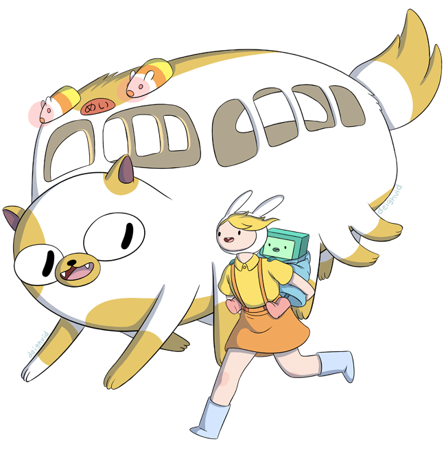 fionna campbell, kusakabe satsuki, bmo, nekobus, and cake (adventure time and 1 more) drawn by deighvid
