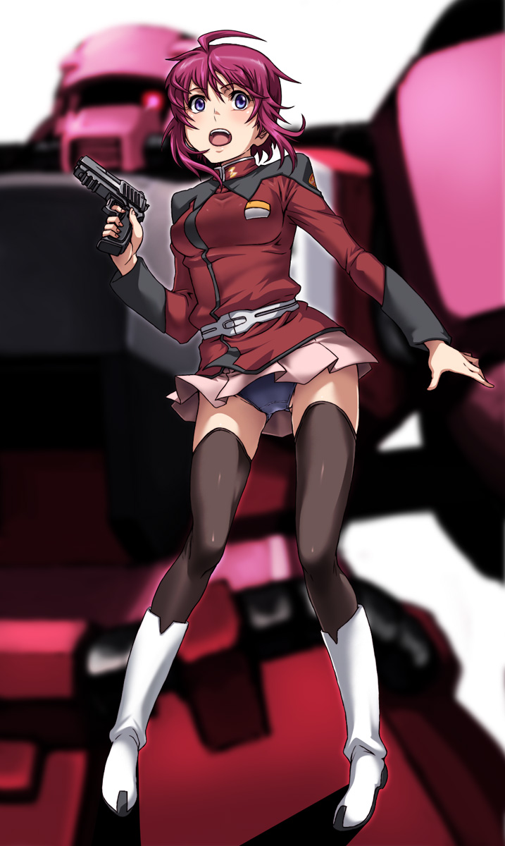 lunamaria hawke, zaku warrior, and zaku warrior lunamaria custom (gundam and 2 more) drawn by tabigarasu