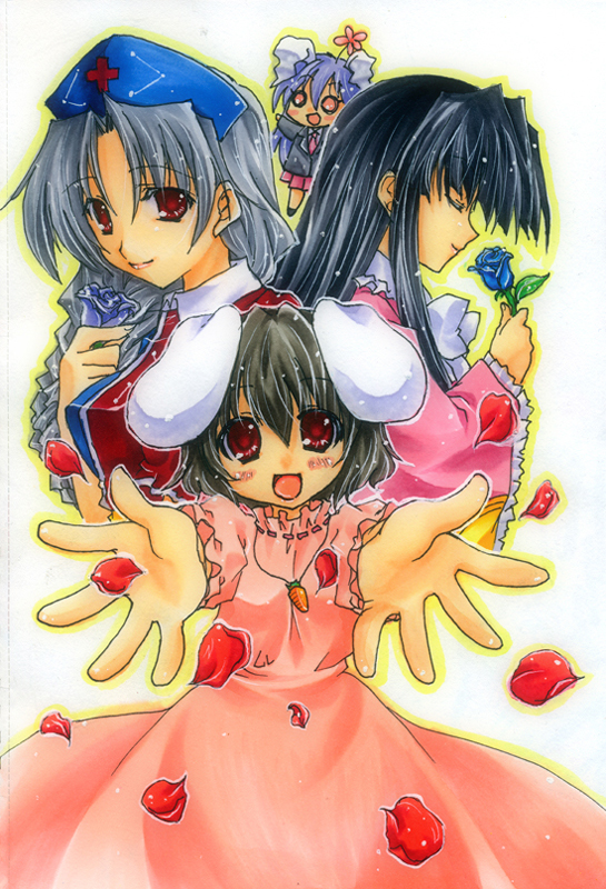 reisen udongein inaba, houraisan kaguya, inaba tewi, and yagokoro eirin (touhou) drawn by imoko.