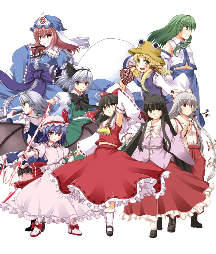 hakurei reimu, remilia scarlet, izayoi sakuya, kochiya sanae, konpaku youmu, and 4 more (touhou) drawn by nekonote_(nekono_paraiso)