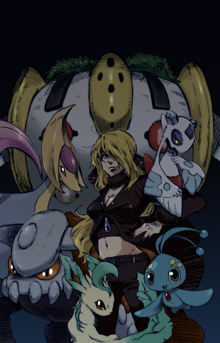cynthia, leafeon, froslass, manaphy, cresselia, and 2 more (pokemon and 1 more) drawn by takanashi_ringo