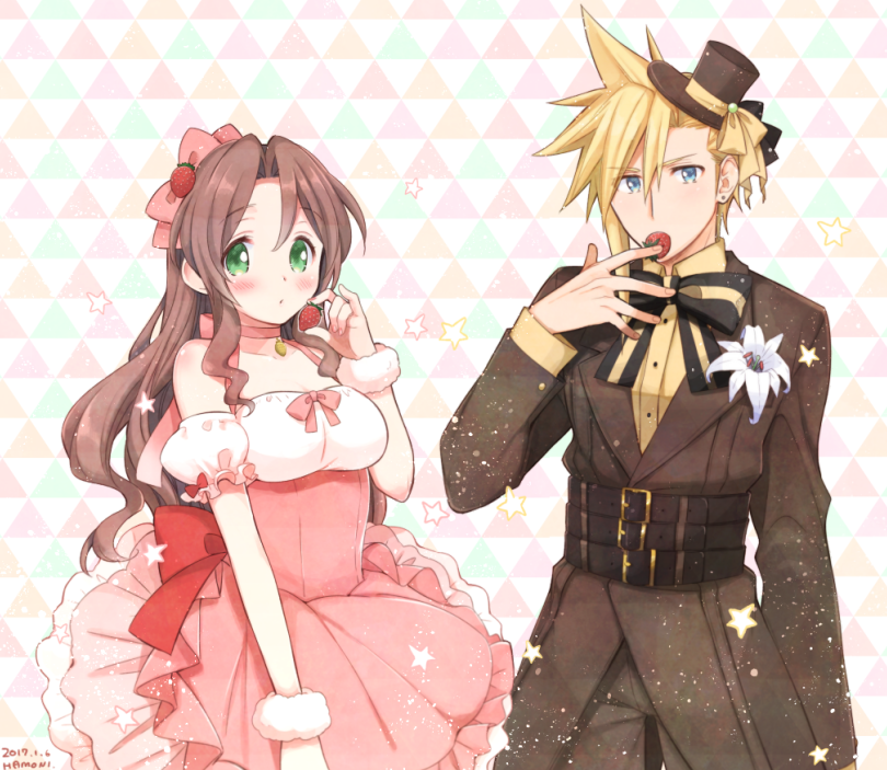 cloud strife and aerith gainsborough (final fantasy and 1 more) drawn by krudears